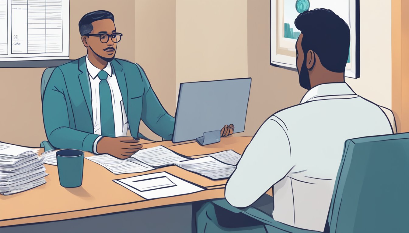 A person sitting in a doctor's office, discussing mental health coverage with an insurance agent. The agent is holding a folder of paperwork while the person looks concerned