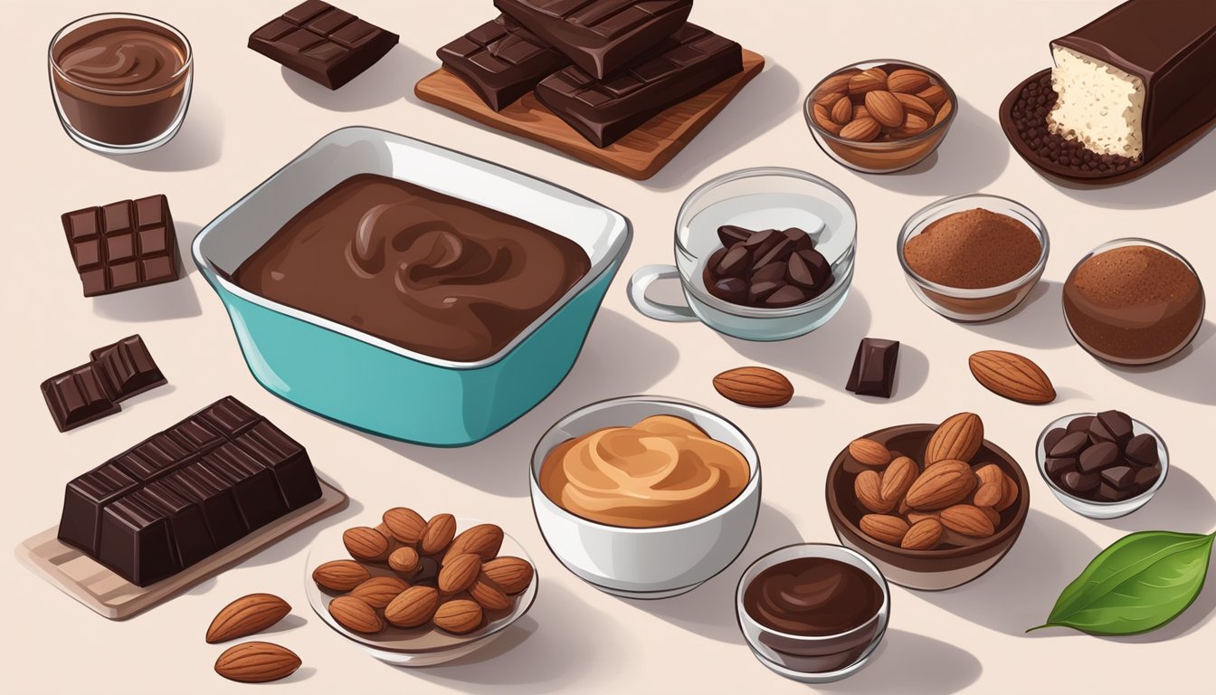 A table spread with various cocoa and dark chocolate products, surrounded by keto-friendly ingredients like nuts and berries