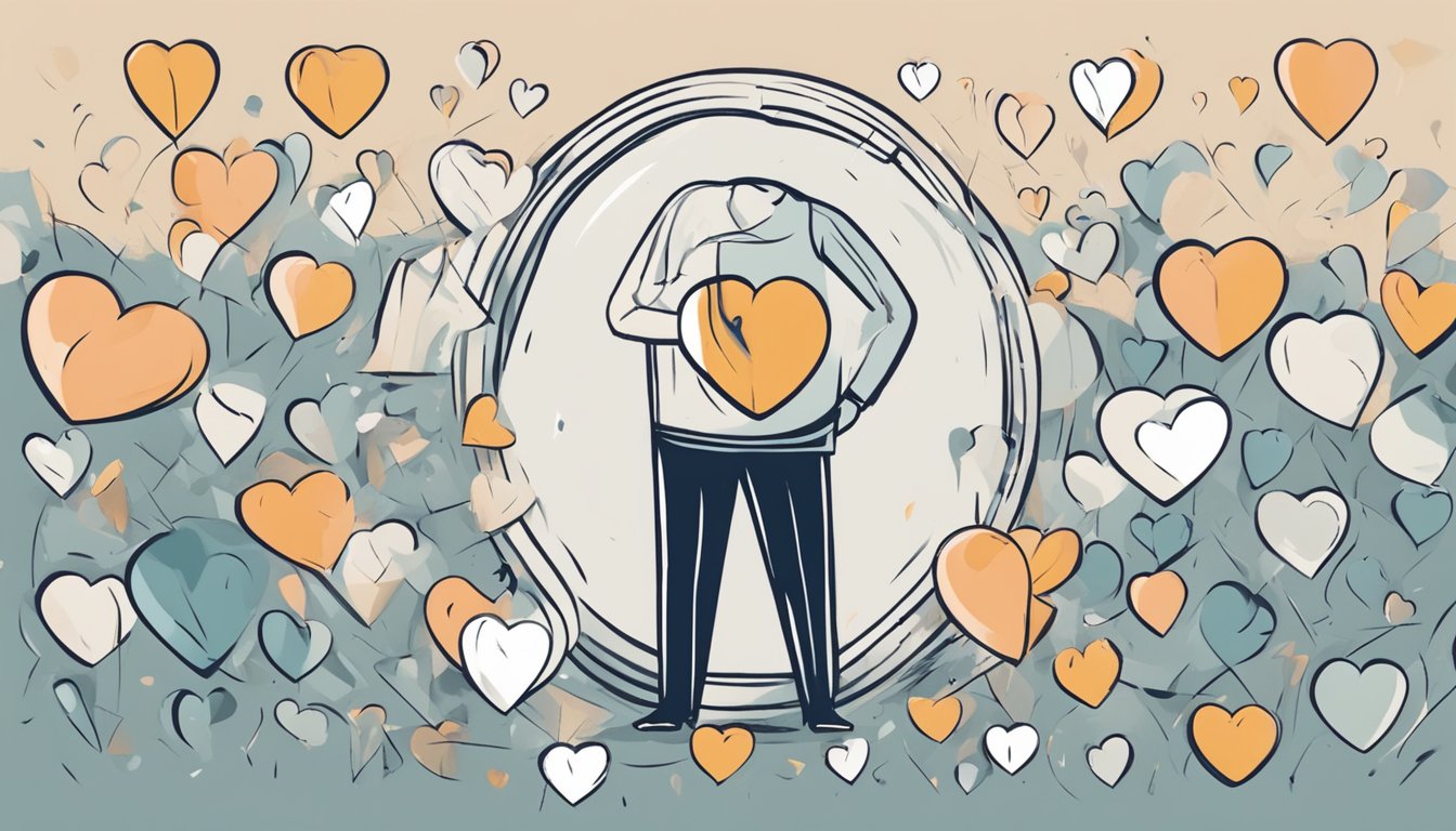 A person with a broken heart symbolizing mental health, surrounded by question marks and a shield representing legal protection