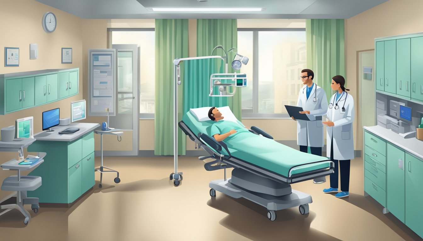 A hospital room with medical equipment and a doctor discussing coverage with a patient