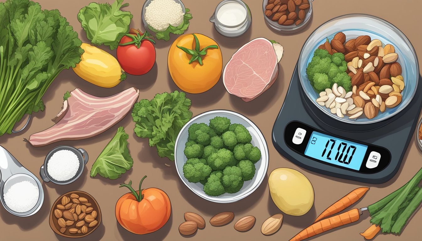 A kitchen counter with a digital food scale, measuring spoons, and various types of food (meat, vegetables, nuts) for macro tracking on a keto diet