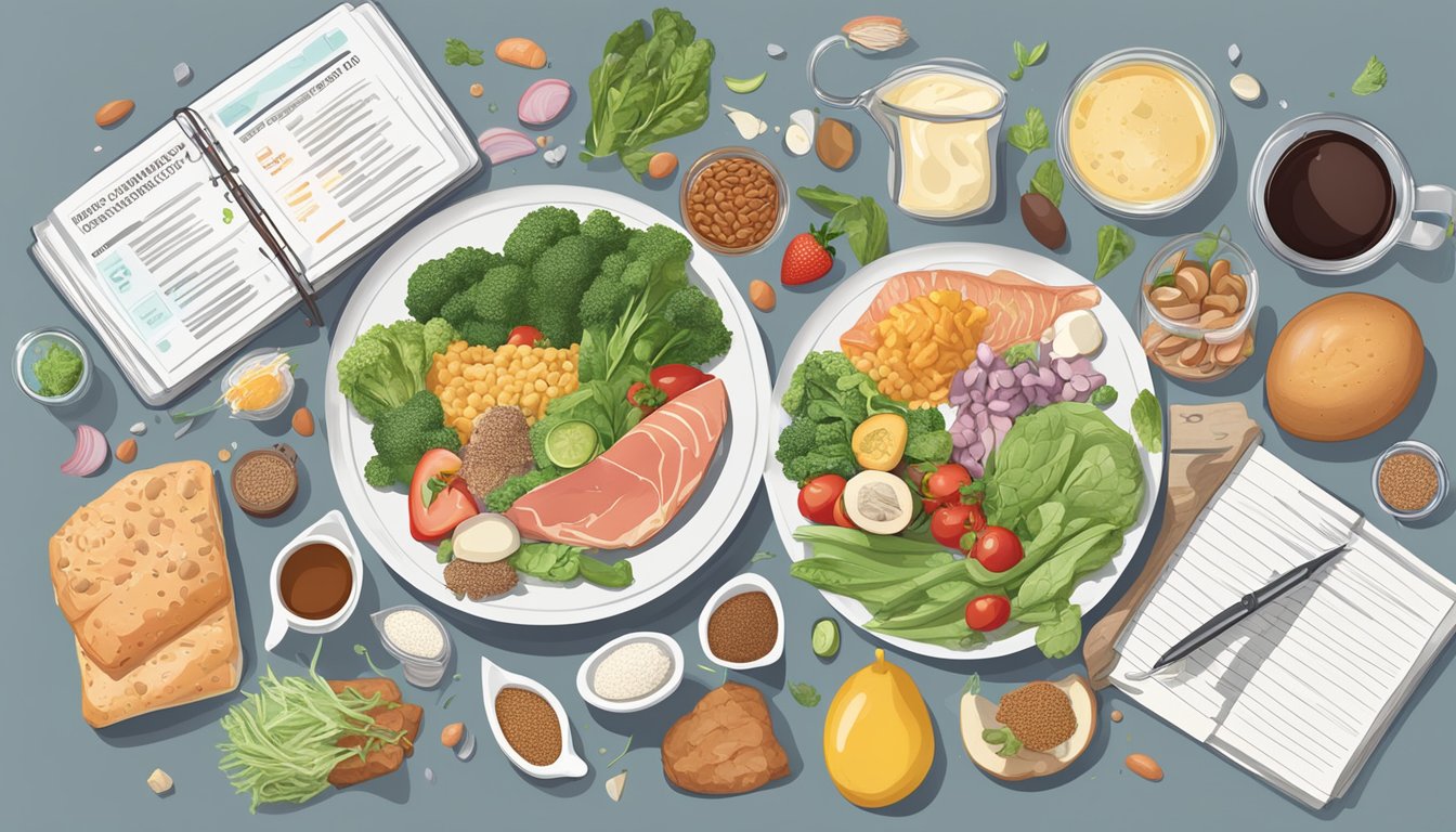 A table filled with various keto-friendly foods and cholesterol-lowering ingredients, surrounded by scientific research papers and debunked myths