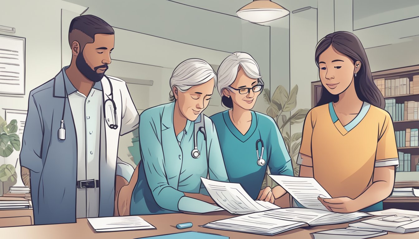 A family standing together, surrounded by a variety of medical and financial documents, while discussing critical illness insurance coverage with a MetLife representative