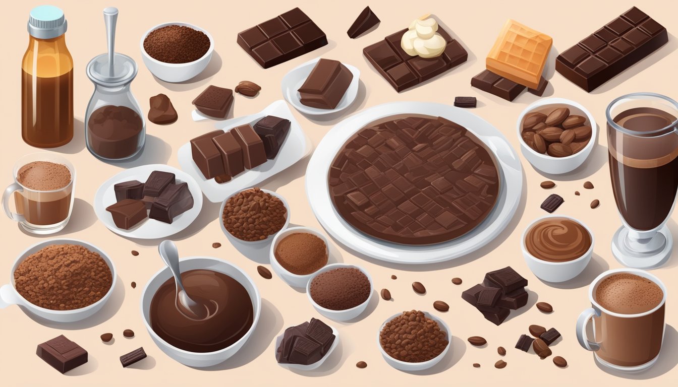 A table set with a variety of cocoa and dark chocolate products, surrounded by images of healthy lifestyle choices and medical research findings