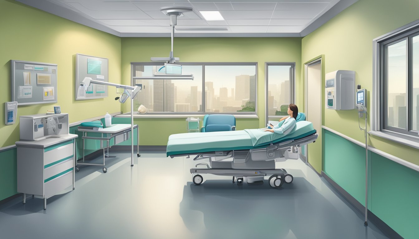 A hospital room with a bed, medical equipment, and a doctor discussing coverage options with a patient