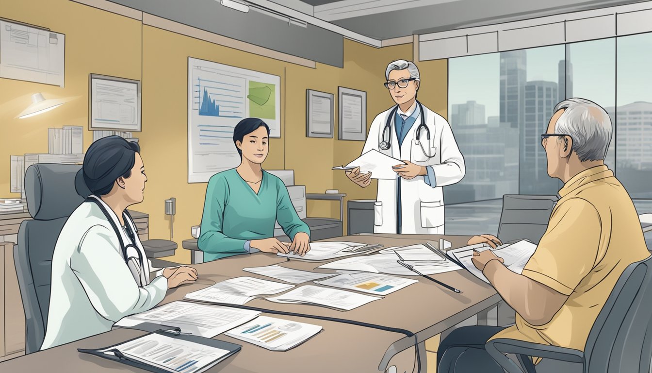 A doctor explaining critical illness coverage to a patient's family, with charts and medical equipment in the background