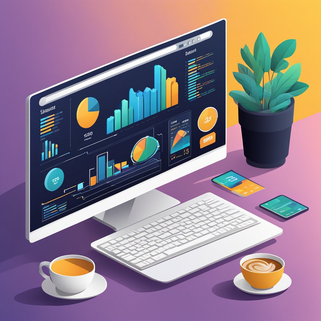 A computer screen displaying a website's analytics dashboard with various graphs and charts, alongside a notebook filled with keyword research and a cup of coffee