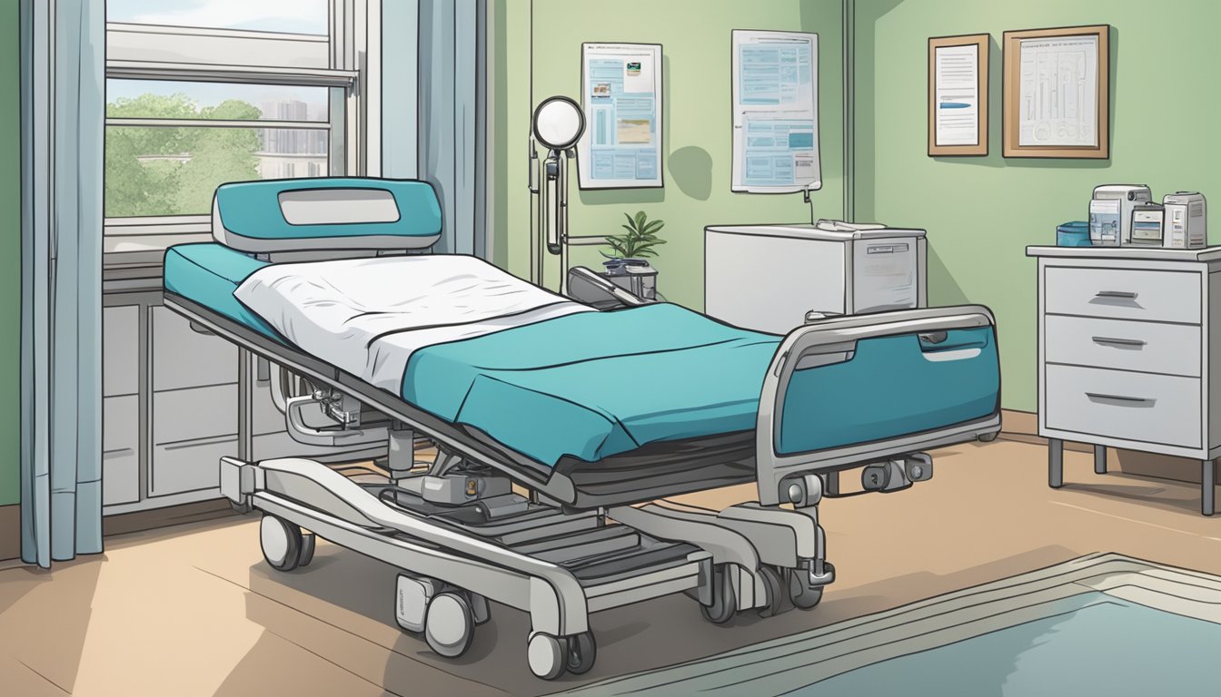 A hospital bed with medical equipment, a concerned family member, and a MetLife insurance brochure on a bedside table