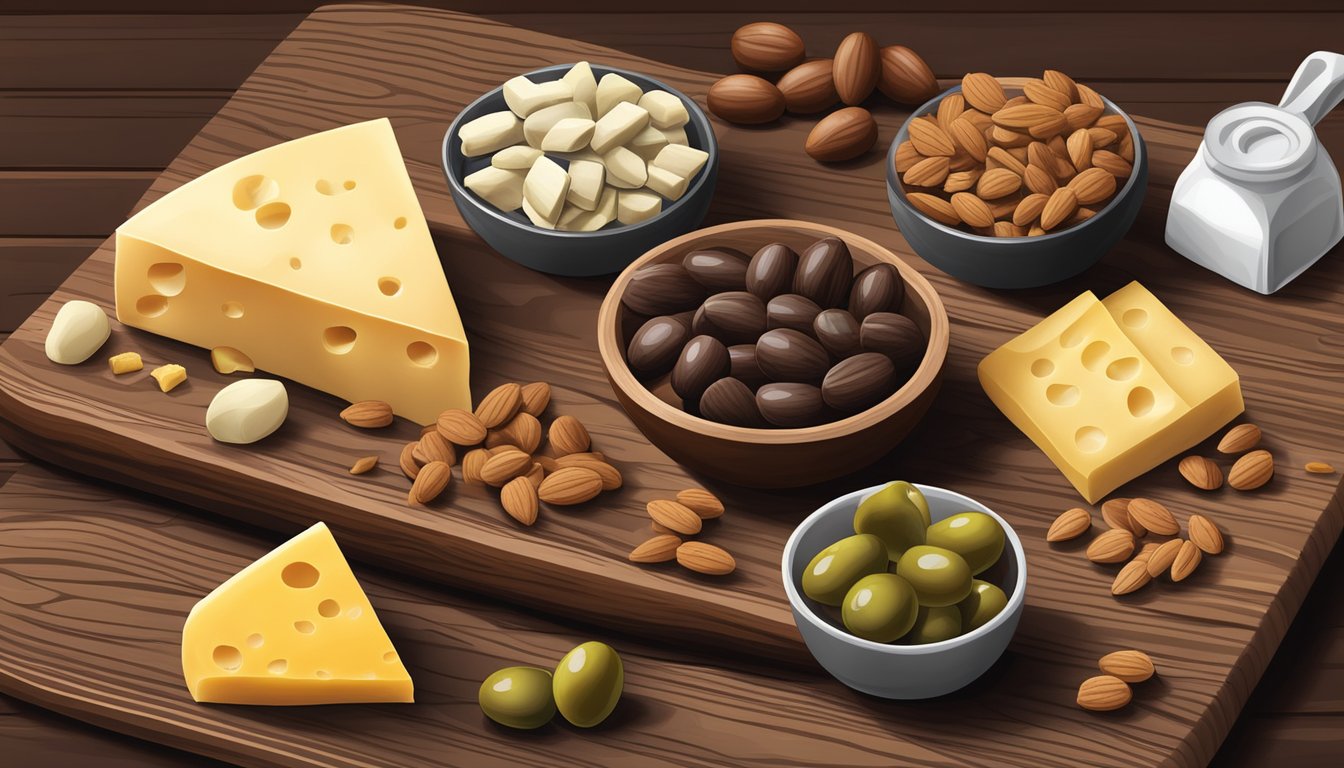 A variety of nuts, seeds, and cheese arranged on a wooden cutting board with a small container of olives and a few pieces of dark chocolate