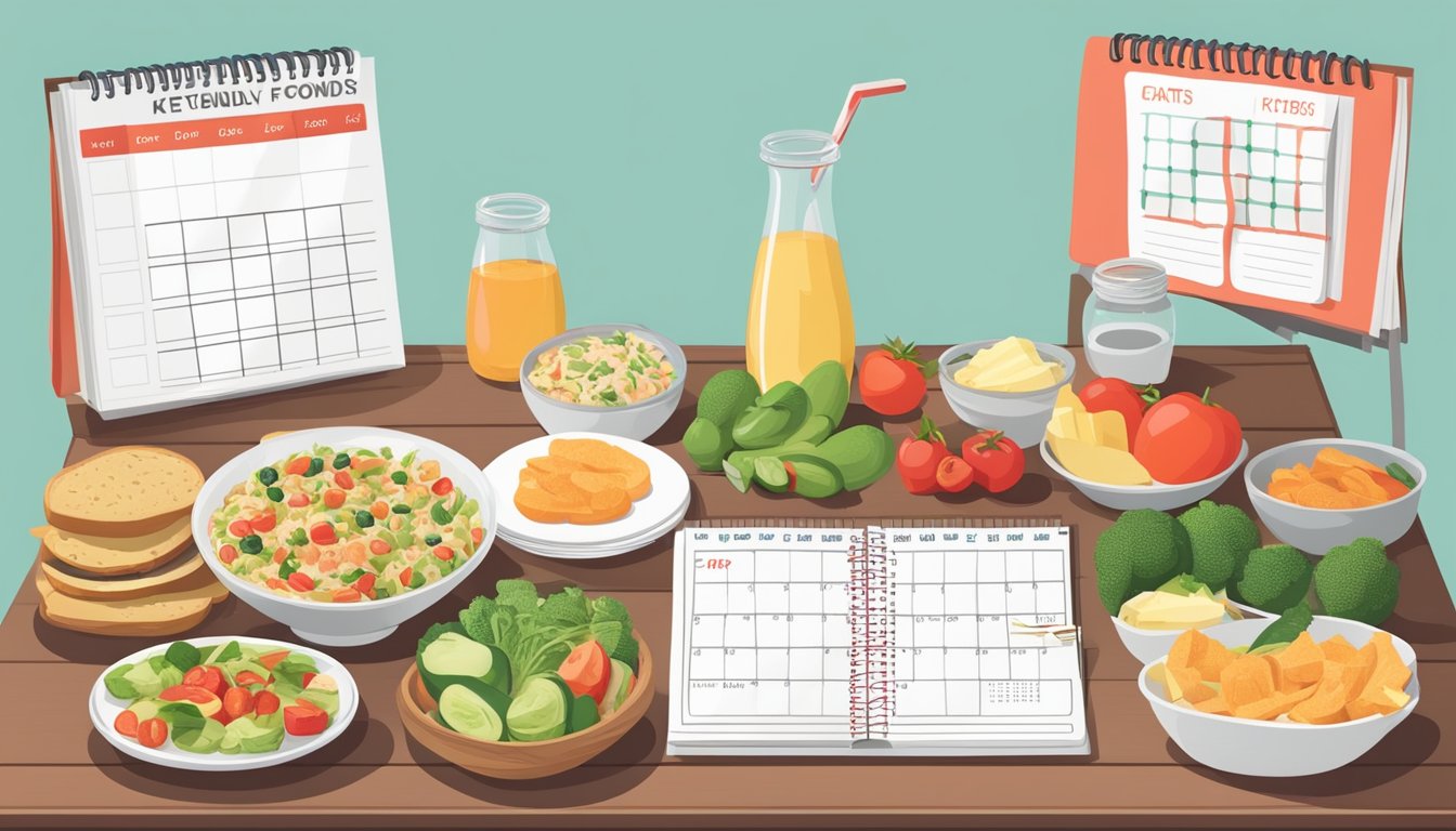 A table with keto-friendly foods and a calendar with designated cheat days marked in red