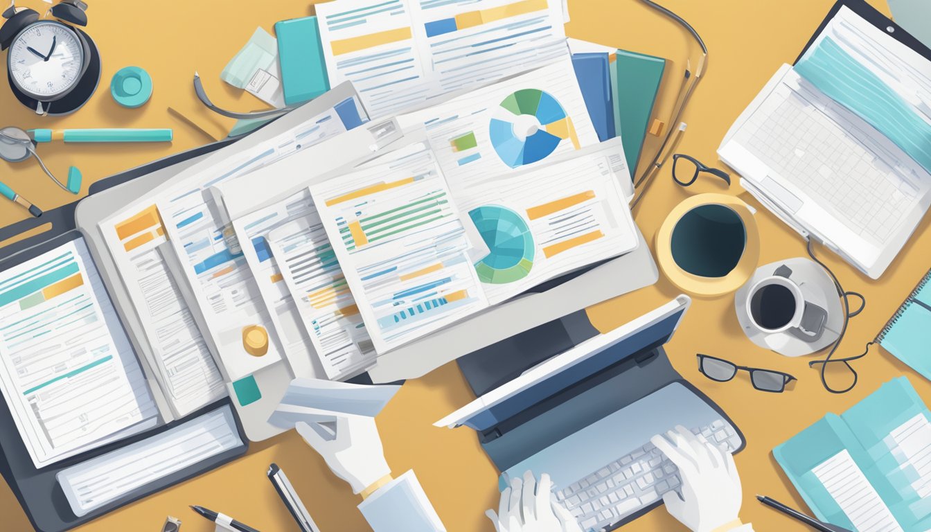 A person researching critical illness plans with a laptop and medical documents spread out on a desk