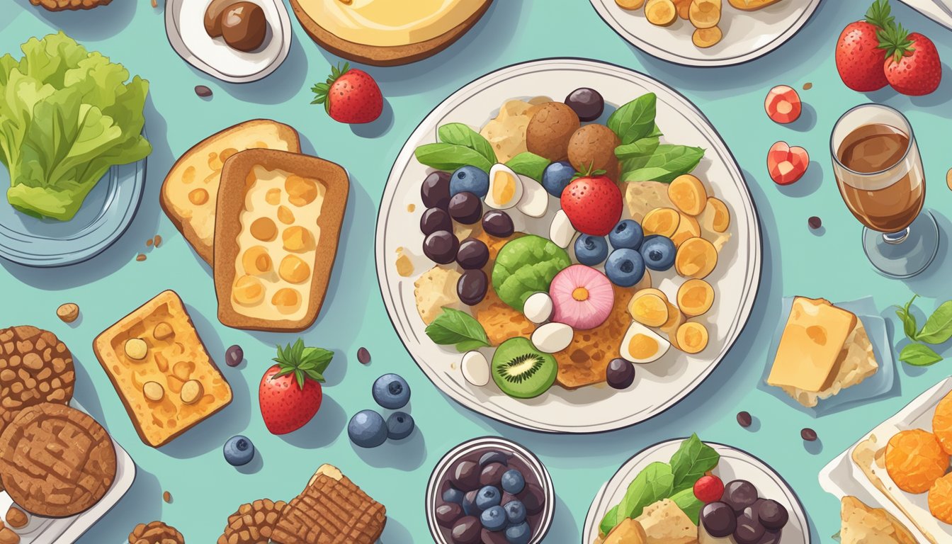 A plate of keto-friendly foods alongside tempting high-carb treats. Blood sugar and metabolism symbols hover above, representing the conflicting choices of cheat days