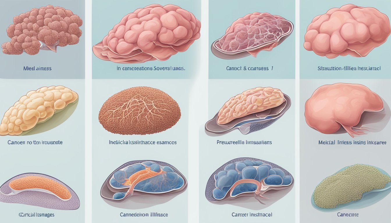 A series of medical images showing specific types of cancer not covered by critical illness insurance