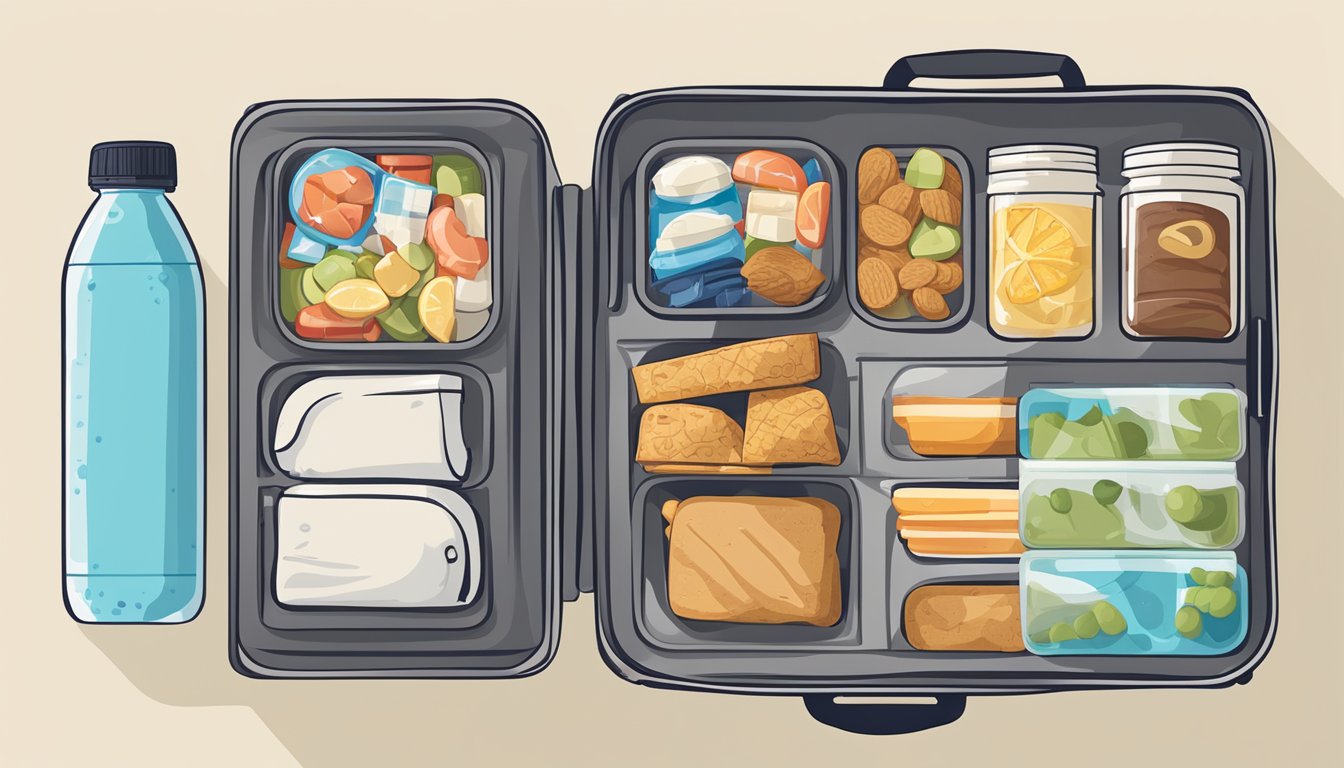 A suitcase filled with neatly packed containers of low-carb snacks, surrounded by travel essentials like a water bottle and a map