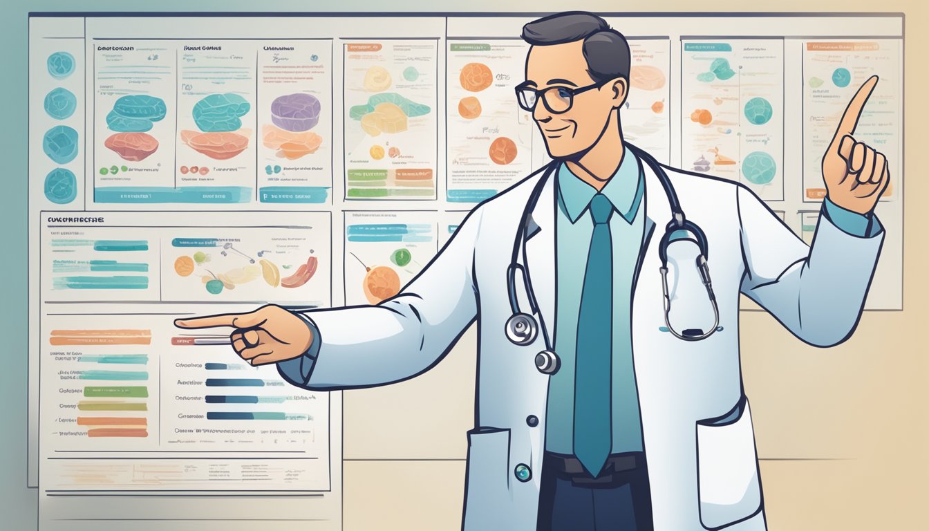 A doctor pointing to a chart of different cancer types, with some highlighted as not covered by critical illness insurance