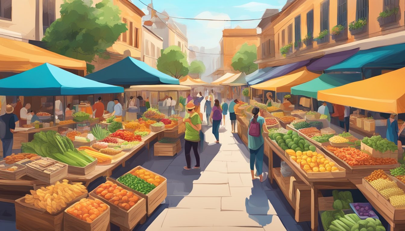 A colorful array of local produce and keto-friendly snacks displayed on a rustic wooden table, surrounded by vibrant market stalls and bustling street vendors