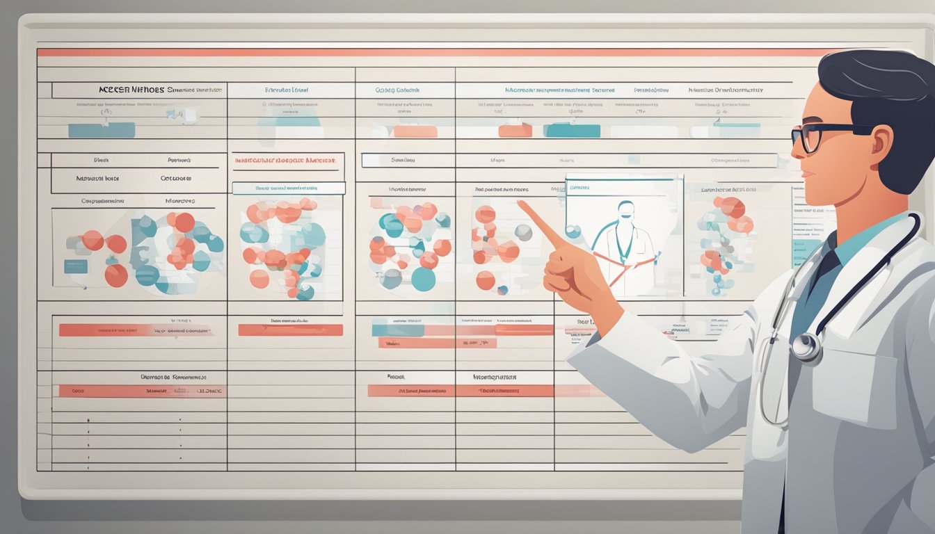 A doctor pointing to a chart of cancer types with a red "X" over specific ones not covered by critical illness insurance