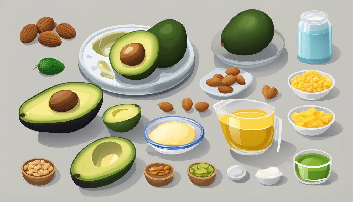 A table with various high-fat foods like avocados, nuts, and oils. A scale and measuring cups for portion control. A chart showing the breakdown of fats in different foods