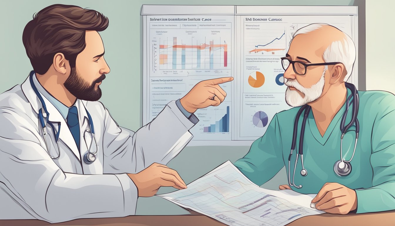 A doctor pointing to a chart showing different types of cancer while a patient listens attentively