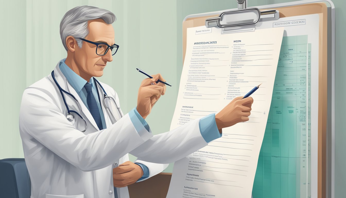 A doctor pointing to a list of excluded cancers on a chart, while a worried patient looks on