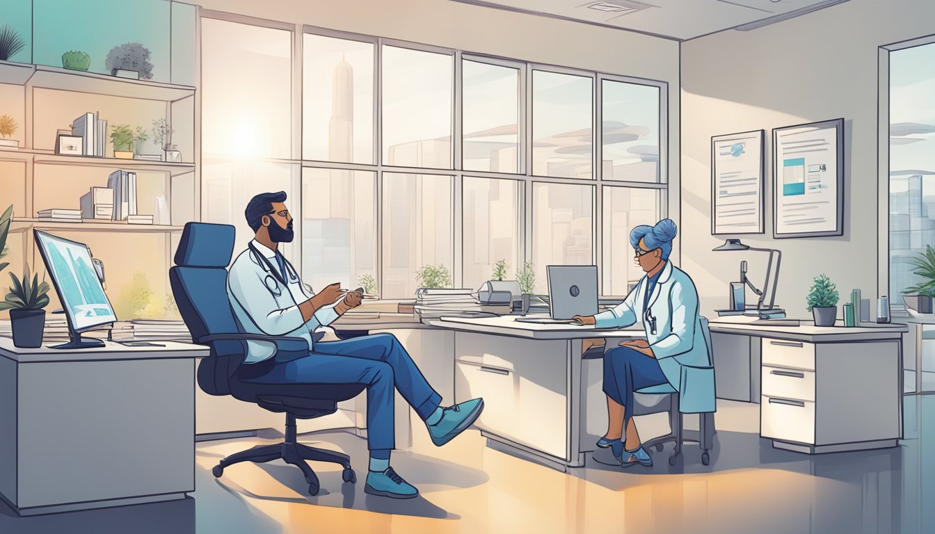 A doctor discussing critical illness insurance coverage for various cancers with a patient in a modern office setting