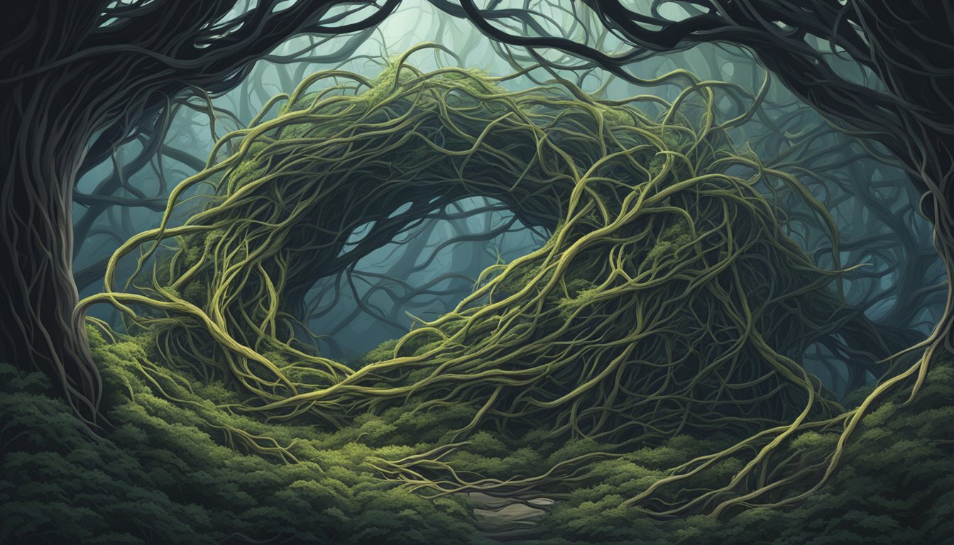 A tangled thicket of thorny vines surrounds a shadowy void, symbolizing the cancers not covered by critical illness insurance