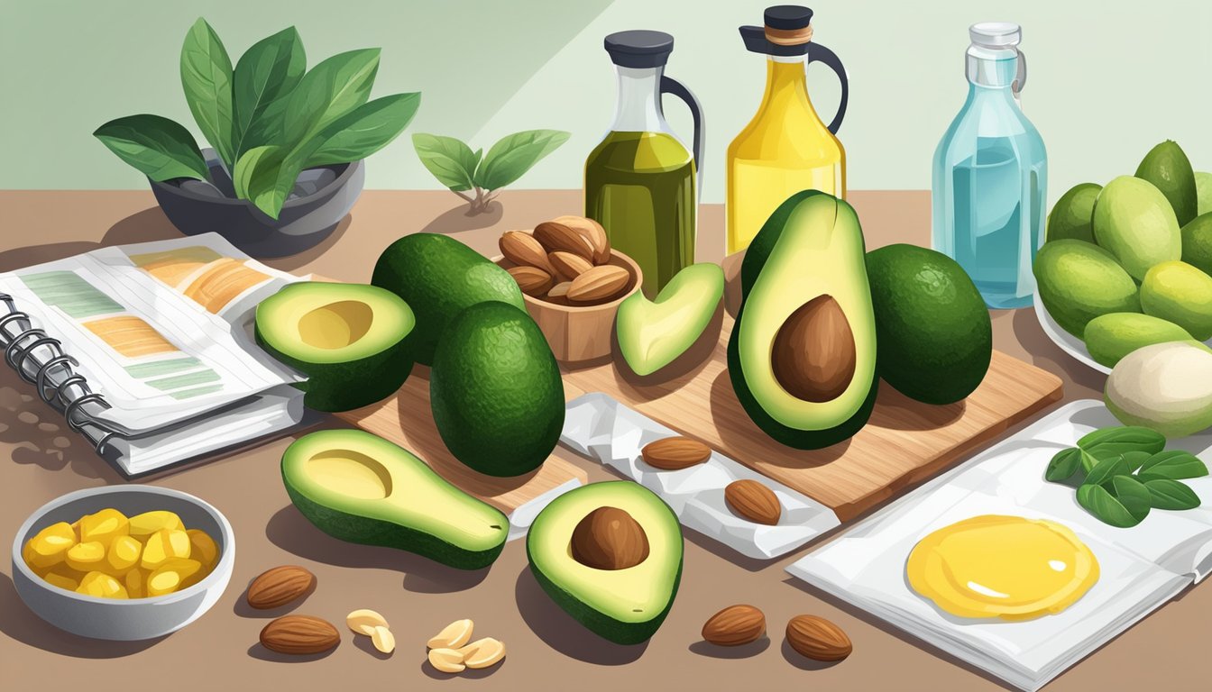 A kitchen counter with various high-fat keto foods like avocados, nuts, and olive oil, alongside educational materials on fats and ketosis