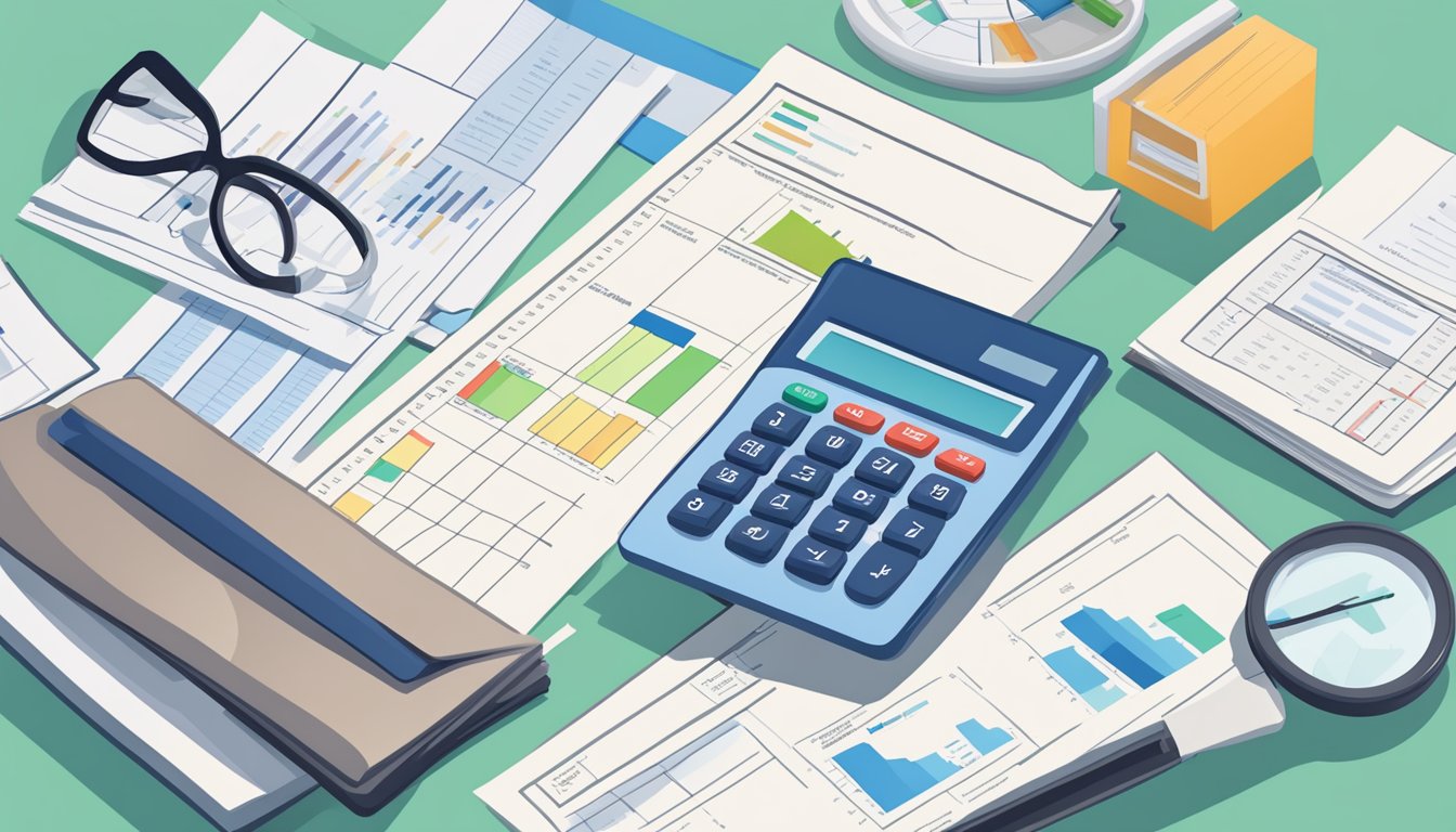 A stack of policy documents, a calculator, and a chart of illness types