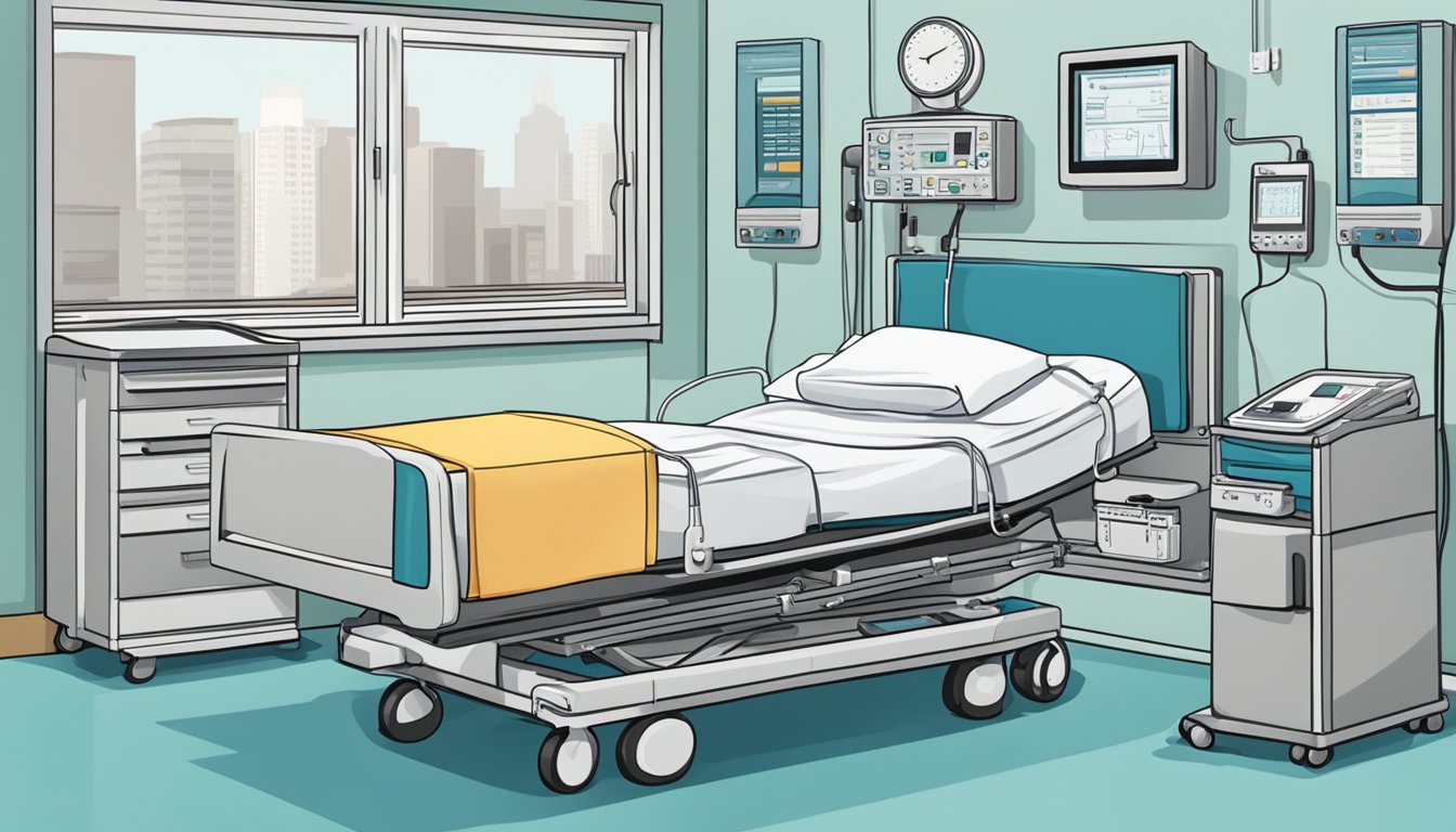 A hospital bed with a heart monitor, surrounded by medical equipment and a folder labeled "Critical Illness Insurance."