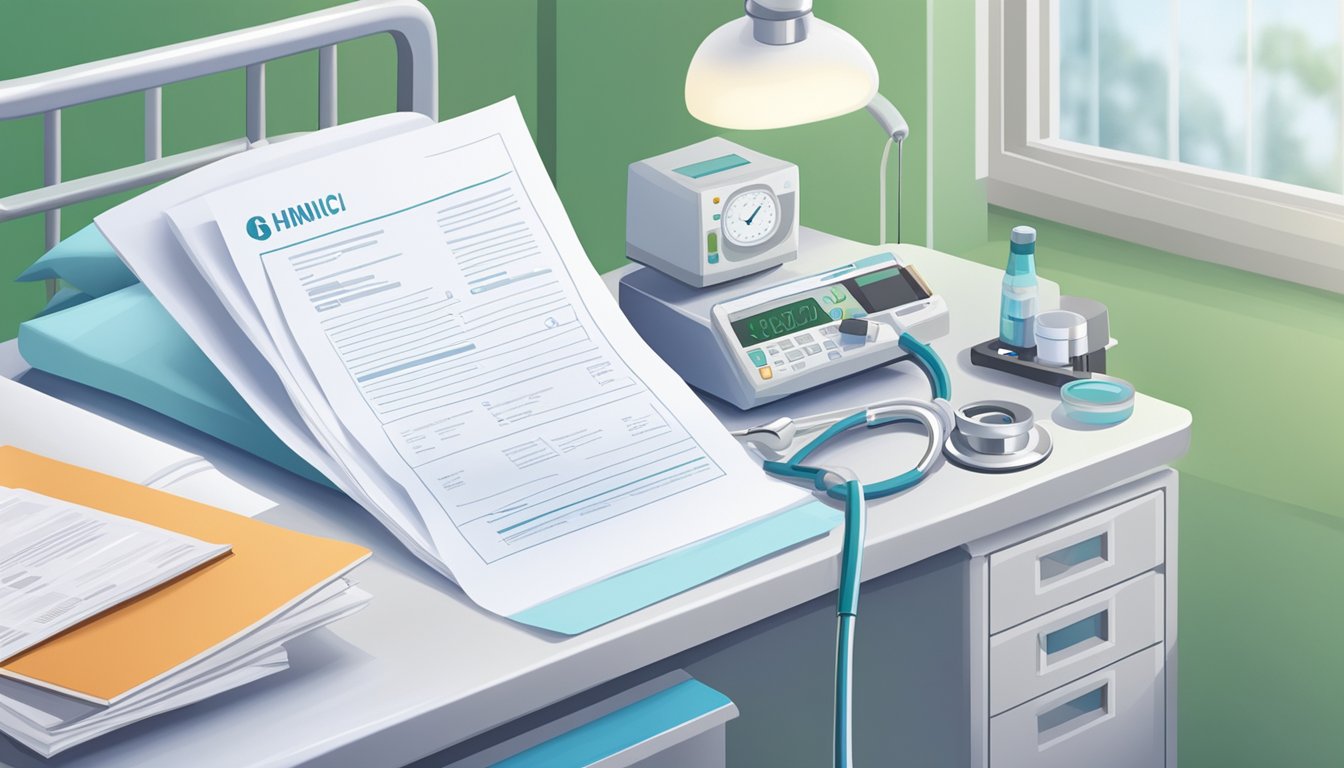 A hospital room with medical equipment and a policy document for critical illness insurance on a bedside table