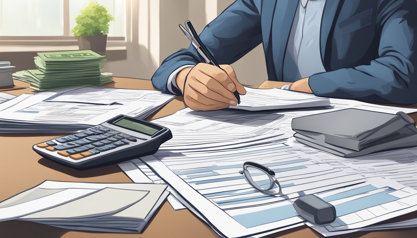 A person reviewing medical bills and financial documents, with a stack of papers and a calculator on the table