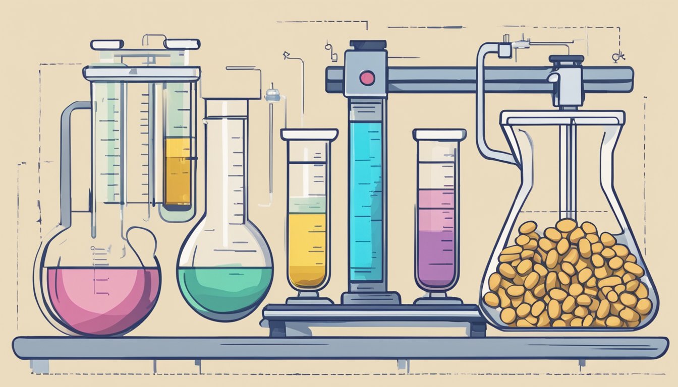 A laboratory table with beakers and test tubes, a scale for measuring precise amounts of carbohydrates, and a chart showing the process of integrating carbs into a keto diet without breaking ketosis