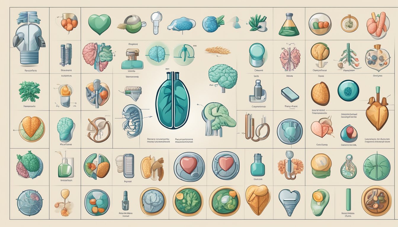 A collection of medical symbols and images representing various illnesses, such as a heart, lungs, brain, and other vital organs, displayed on a chart