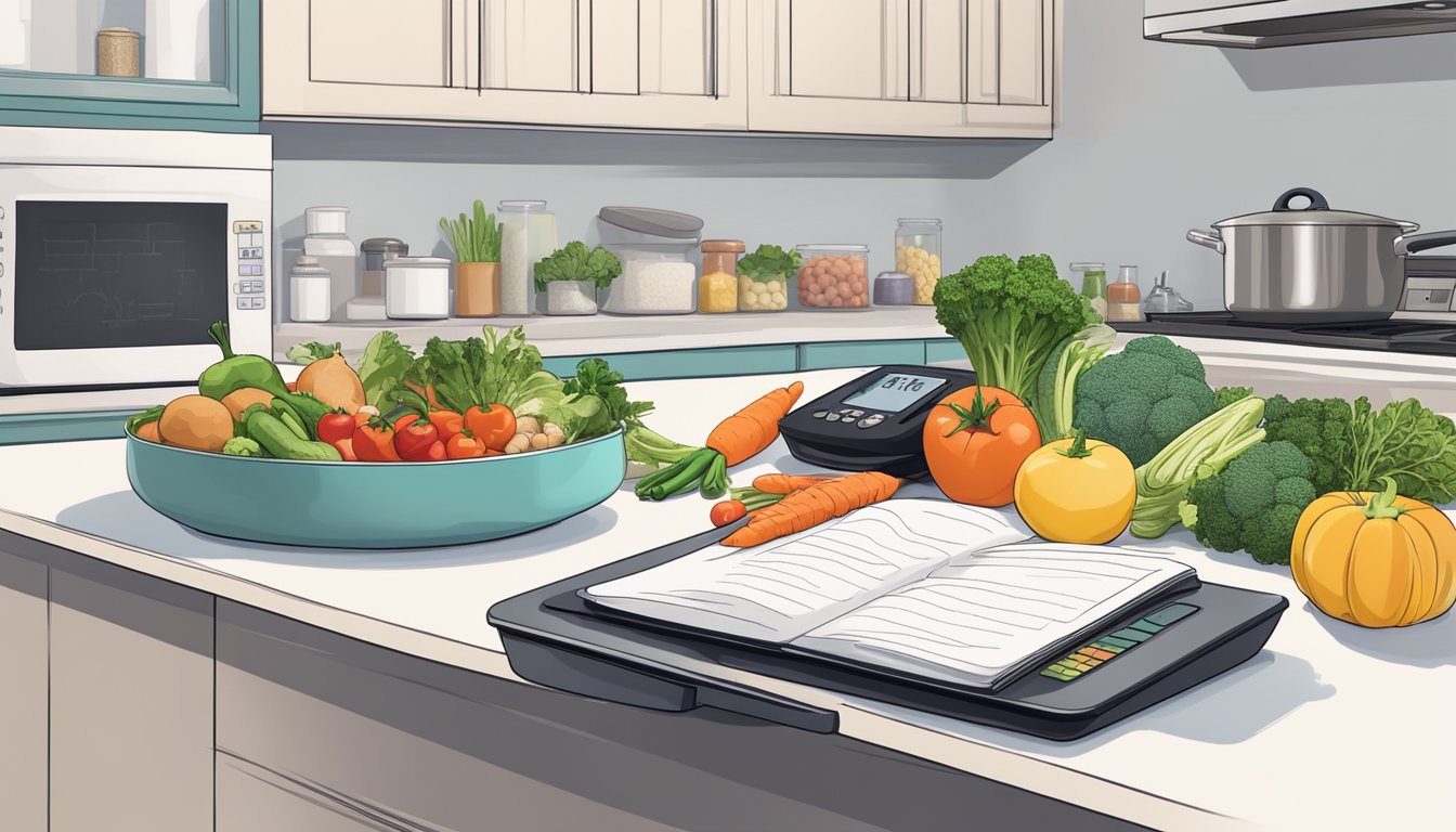 A kitchen counter with a variety of keto-friendly foods, including low-carb vegetables, lean proteins, and healthy fats. A notebook with meal plans and carb re-feed schedules sits next to a digital food scale