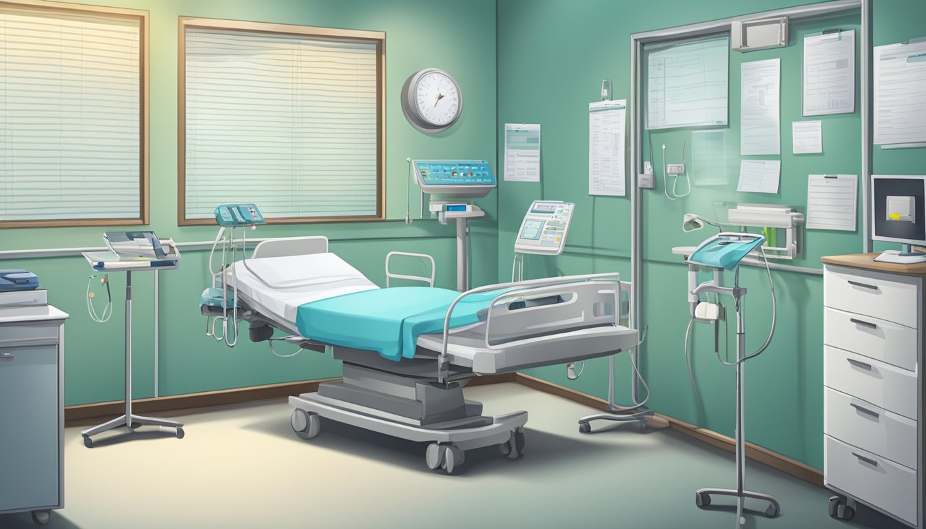 A hospital room with medical equipment and a list of critical illnesses on a clipboard