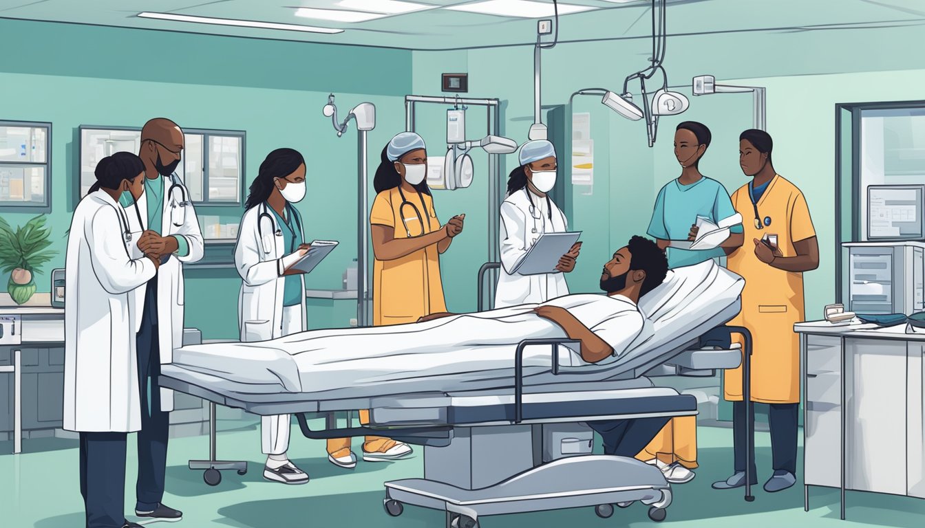 A group of diverse individuals receiving medical treatment for various critical illnesses in a hospital setting