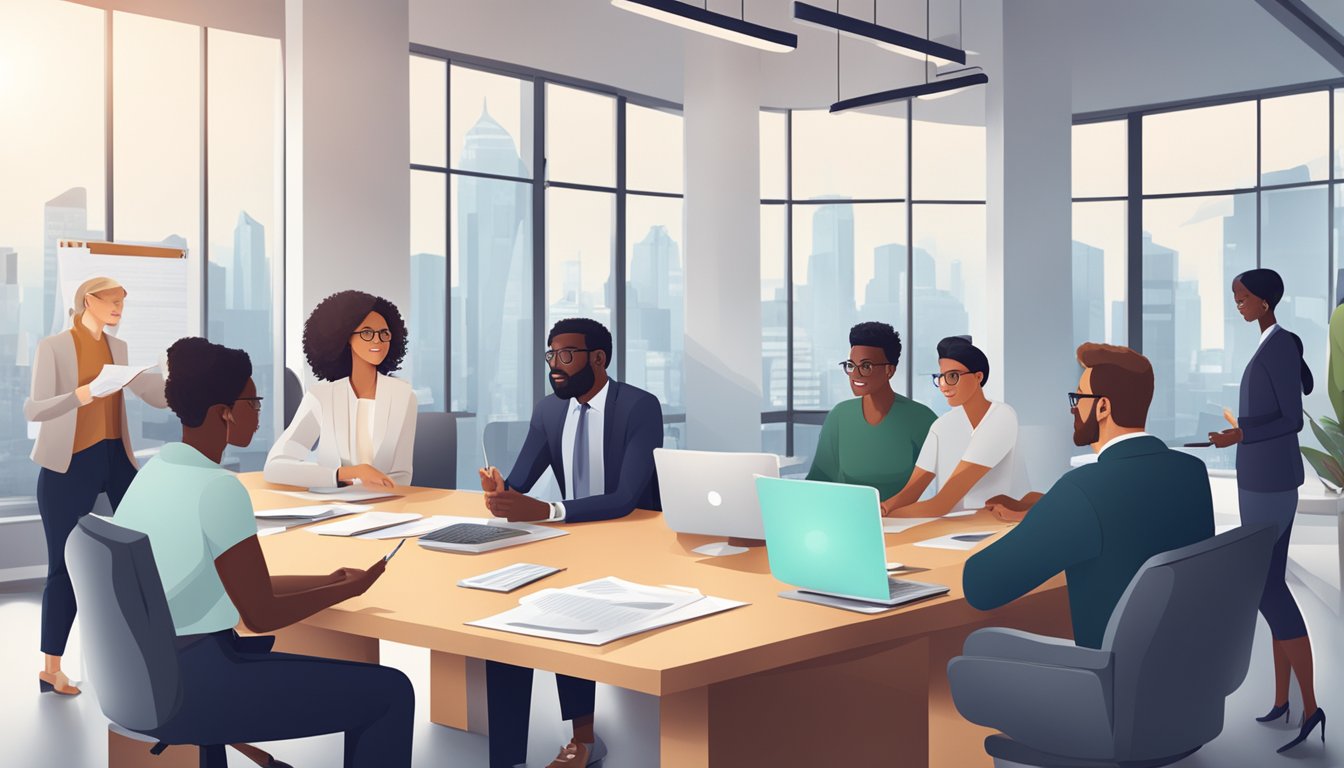 A group of diverse individuals discussing and reviewing financial documents and insurance policies in a modern office setting