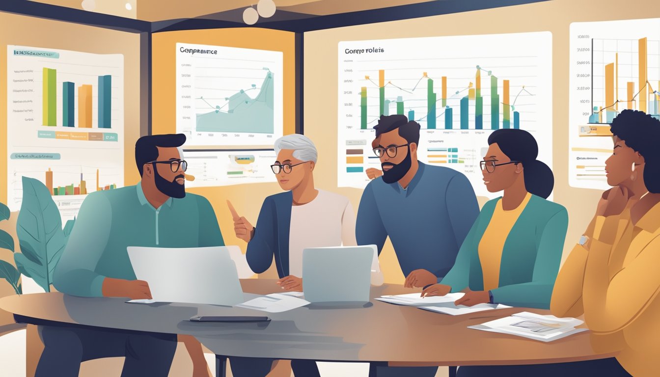 A group of diverse individuals discussing and comparing different insurance policies, with charts and graphs displayed on a large screen