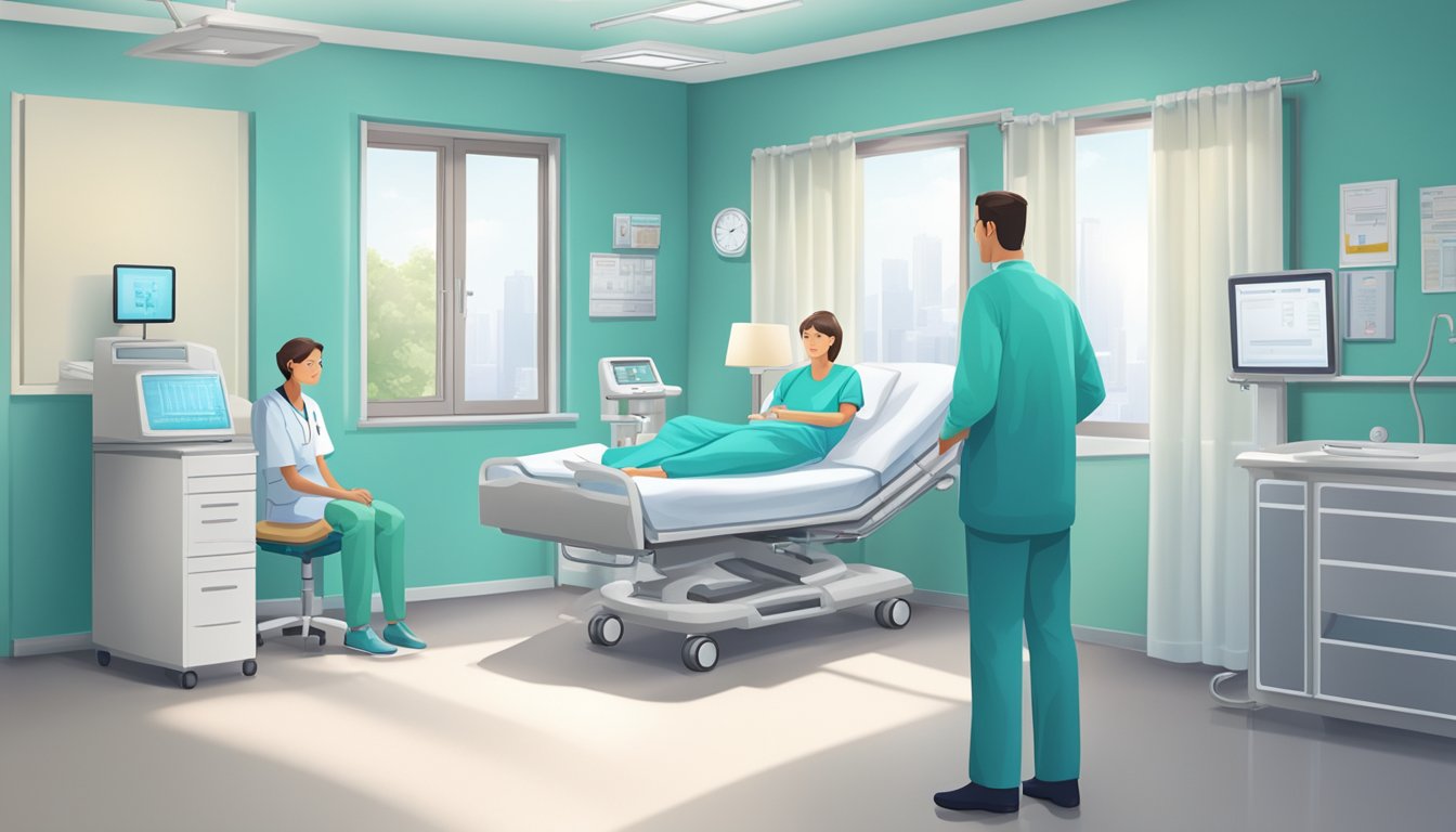 A hospital room with a bed, medical equipment, and a doctor discussing critical illness insurance with a patient and their family