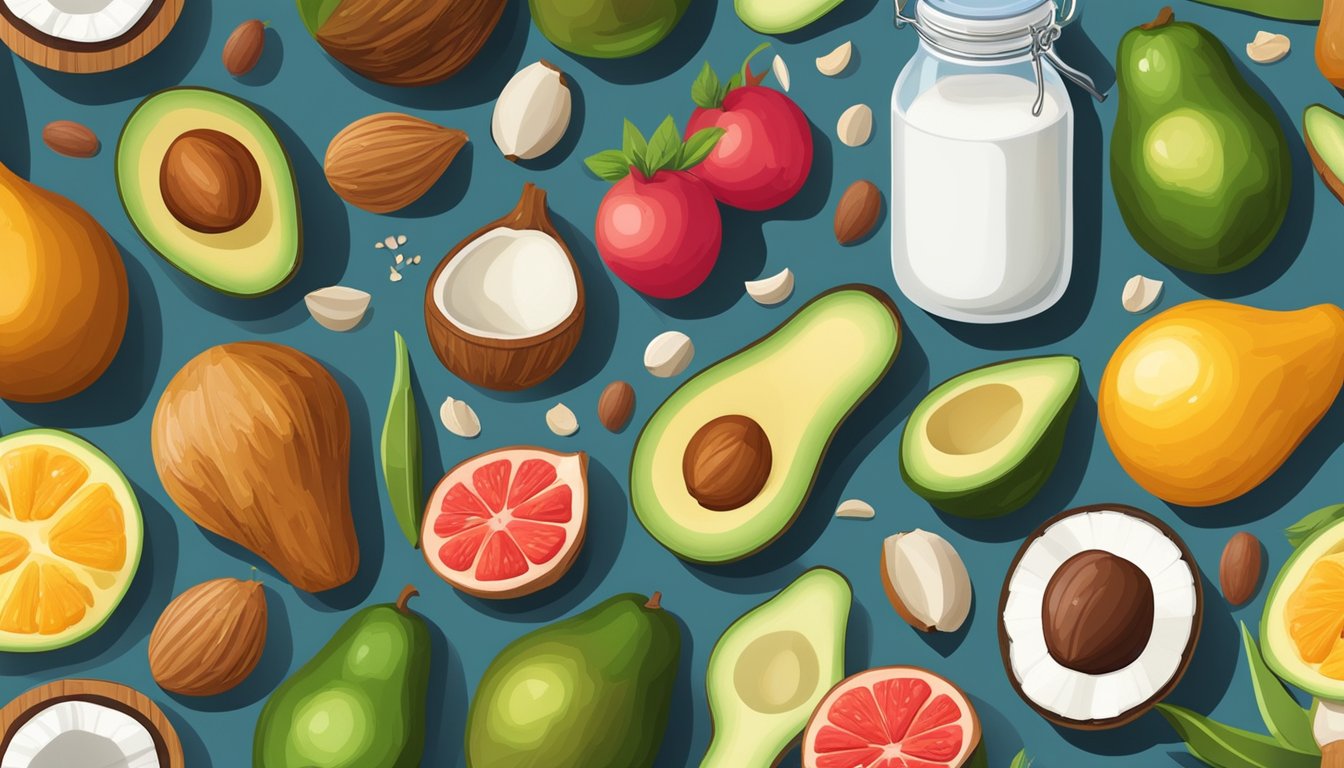 A variety of vegetarian protein sources like nuts, seeds, and avocados, surrounded by colorful vegetables and fruits, with a jar of coconut oil and a measuring scale nearby