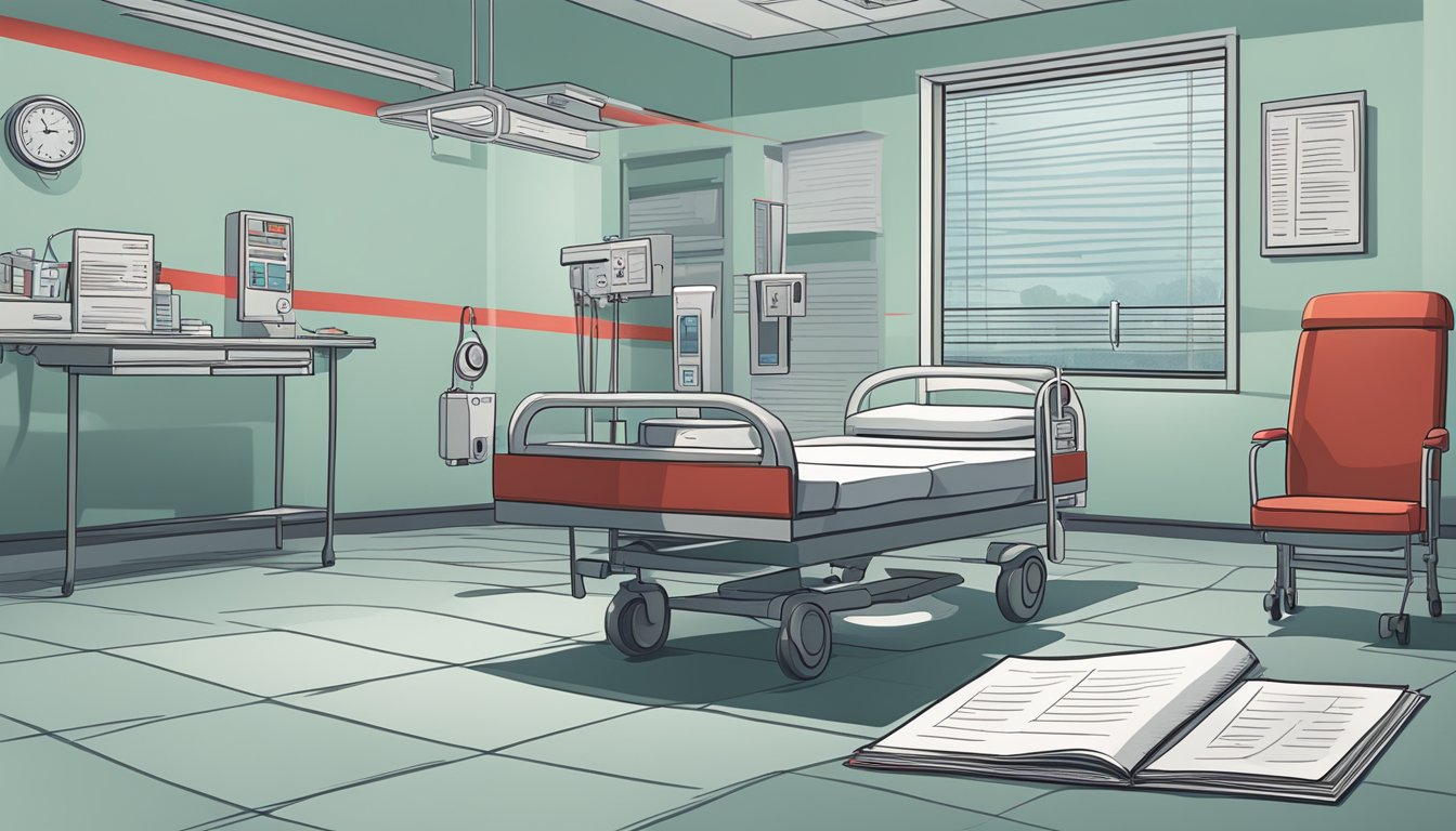 A hospital room with a red line through a list of critical illnesses. A shadow looms over the policy document