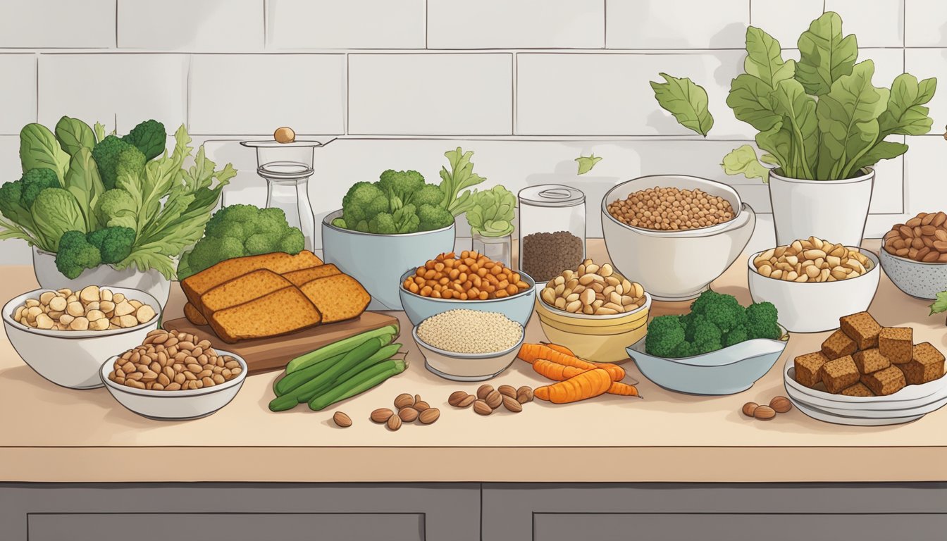 A variety of plant-based protein sources like tofu, tempeh, and seitan arranged alongside colorful vegetables and nuts on a kitchen counter