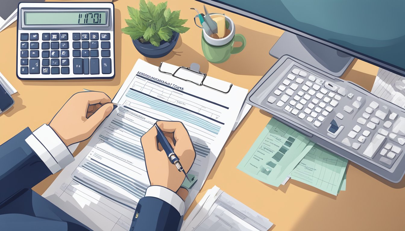 A person reviewing critical illness insurance policy documents at a desk with a calculator and financial planning notes