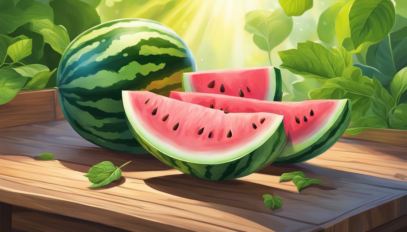 A ripe watermelon sits on a wooden table, surrounded by bright green leaves and a few scattered seeds. The sun shines down on the juicy fruit, highlighting its vibrant pink flesh