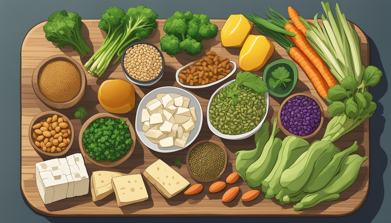 A colorful array of plant-based protein sources, including tofu, tempeh, lentils, and nuts, arranged on a wooden cutting board with a variety of fresh vegetables and herbs