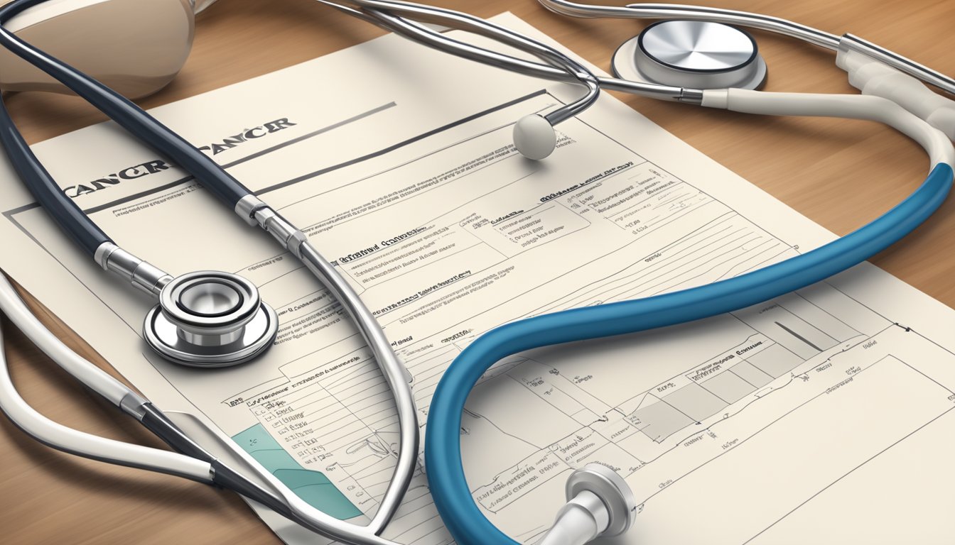 A stethoscope and a medical chart with a highlighted section on cancer are displayed on a desk