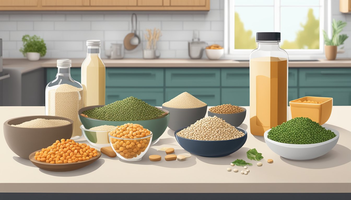 A kitchen counter with various vegetarian protein sources such as tofu, tempeh, lentils, and quinoa, alongside a bottle of keto-friendly supplement pills