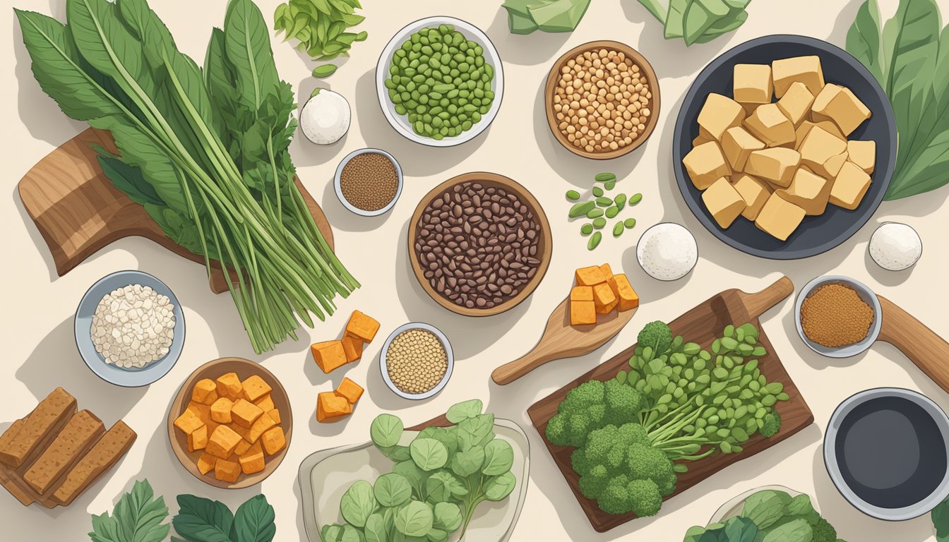 A variety of plant-based protein sources such as tofu, tempeh, seitan, and legumes arranged on a kitchen counter