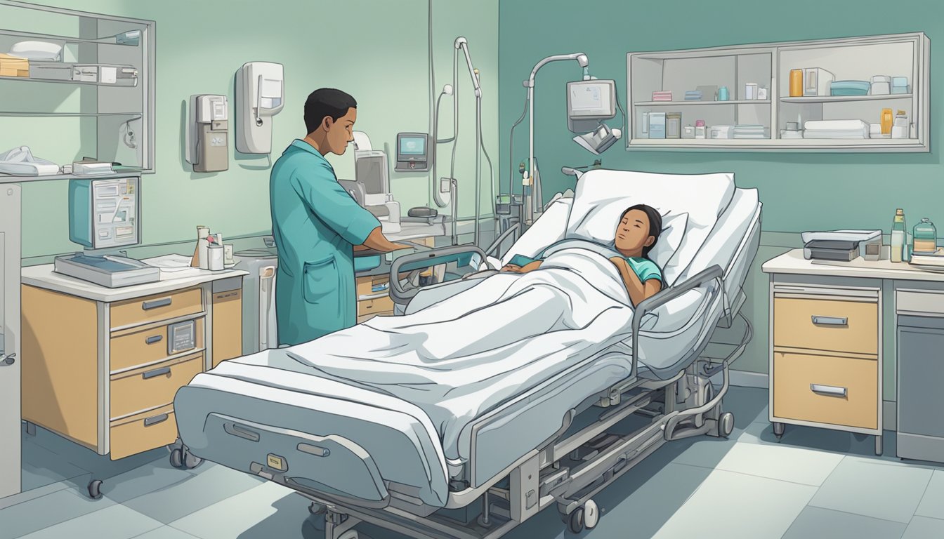 A person lying in a hospital bed surrounded by medical equipment and a worried family member sitting beside them