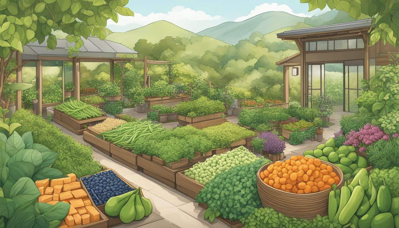 A lush garden with a variety of plant-based protein sources, such as tofu, tempeh, and edamame, surrounded by eco-friendly packaging and sustainable farming practices